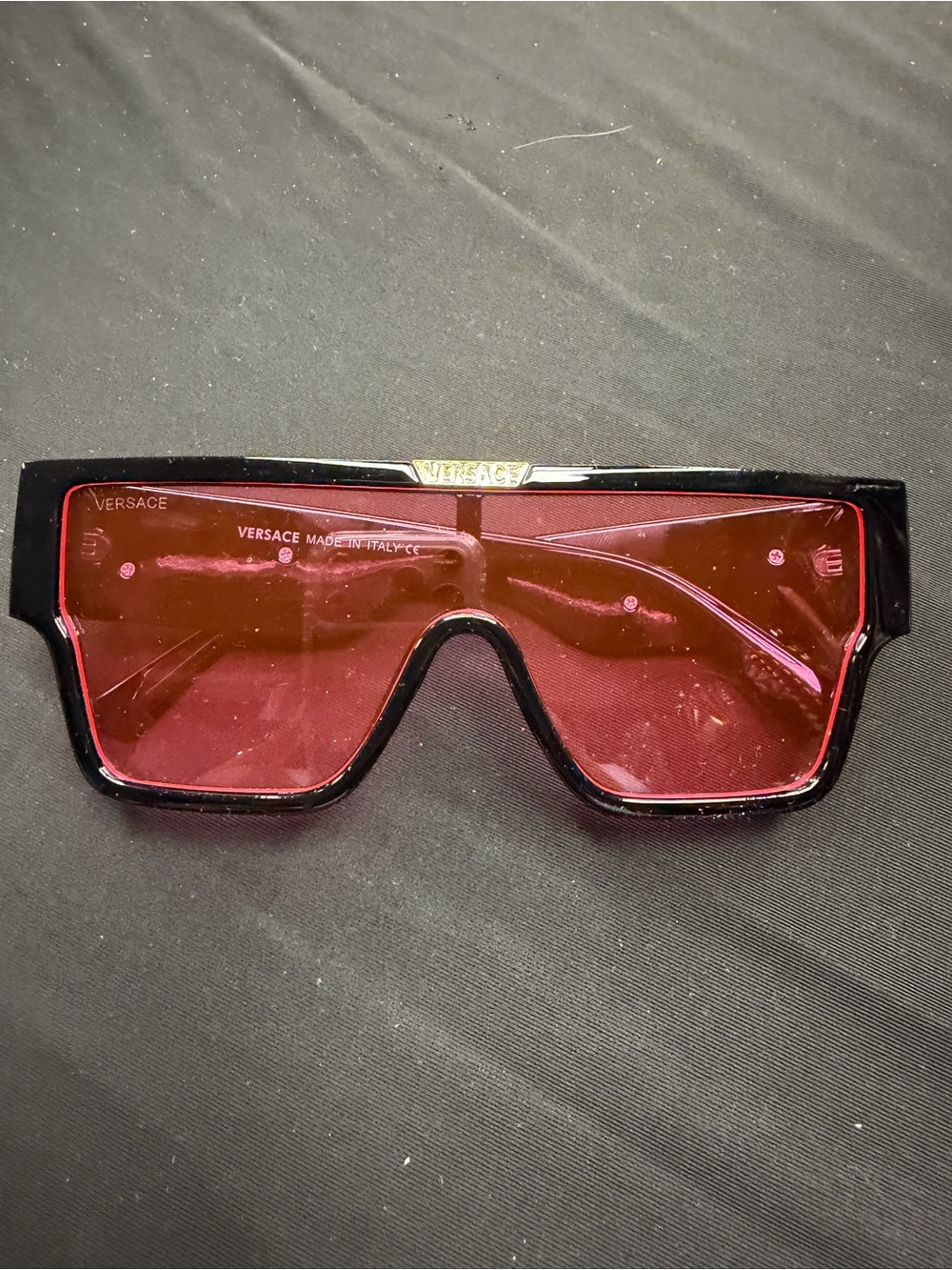 Versace Black Frame Shield Sunglasses with Red Lenses